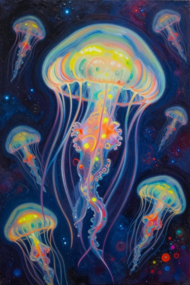 Multiple colorful glowing jellyfish with long tentacles painted against a dark starry background.