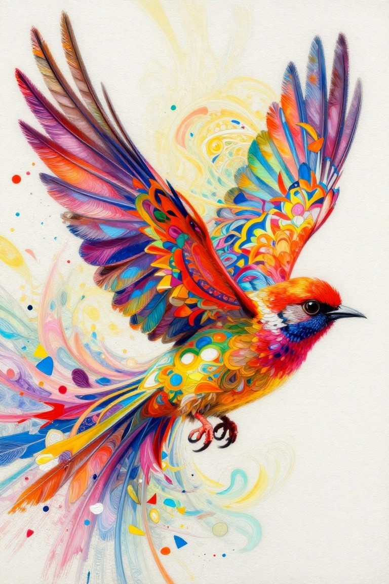 Vibrant rainbow bird with ornate patterned wings soaring amid colorful swirls and splatters