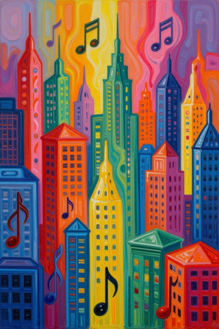 Vibrant abstract cityscape with rainbow skyscrapers and floating musical notes in swirling colors