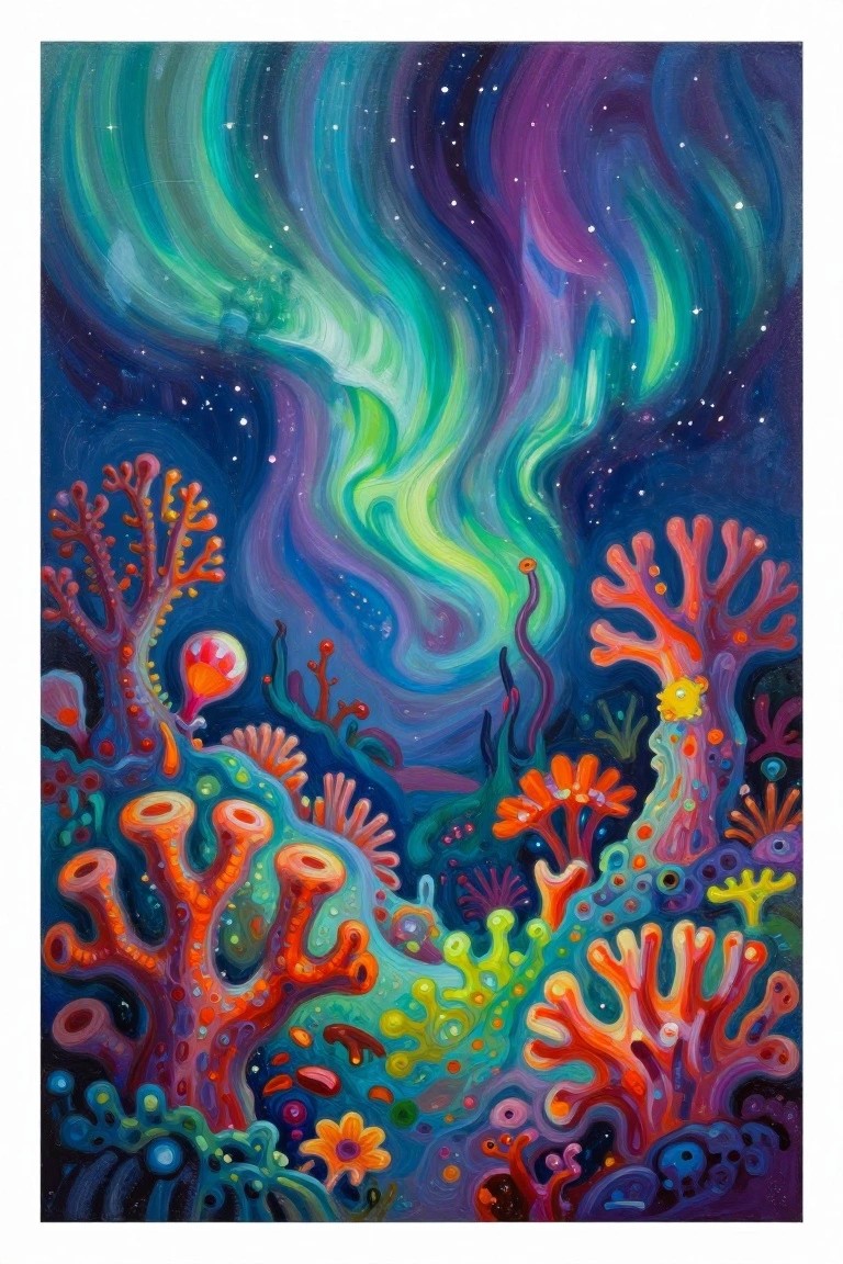 Vibrant coral reef under swirling aurora sky filled with stars at night