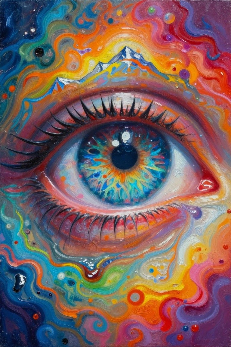 Vibrant surreal eye with rainbow iris, lashes, and snowy mountains amid swirling colors