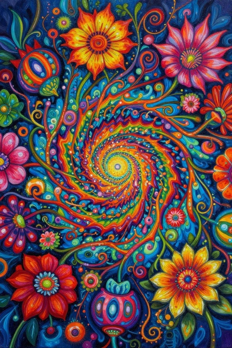 Vibrant colorful spiral vortex with flowers, swirls, and rainbow patterns on dark blue background