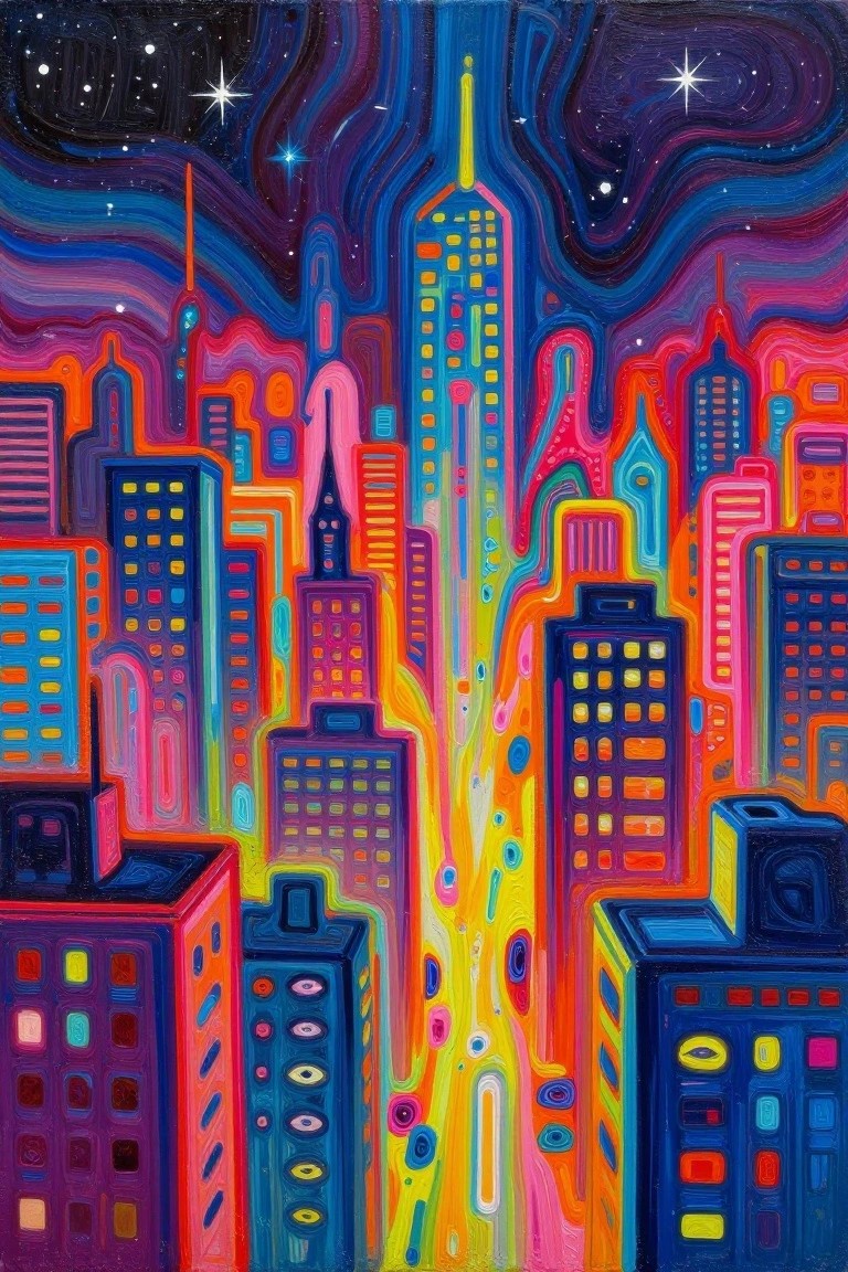 Vibrant abstract skyscrapers glowing under a swirling starry night sky in neon colors