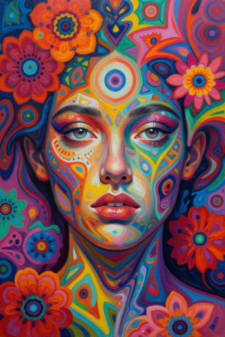 Vividly painted woman's face with intricate colorful patterns and surrounding psychedelic flowers
