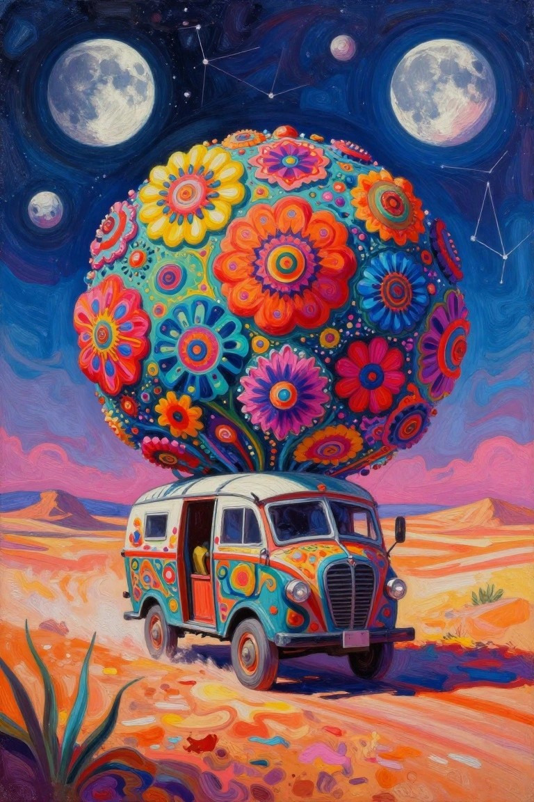 Psychedelic van with giant colorful flower sphere driving under moons in desert night
