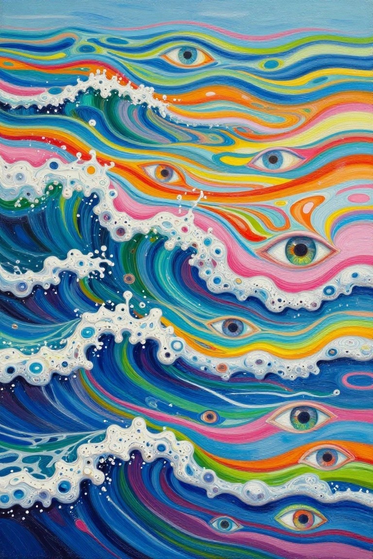 Vibrant swirling waves in rainbow colors with multiple eyes and white foam.