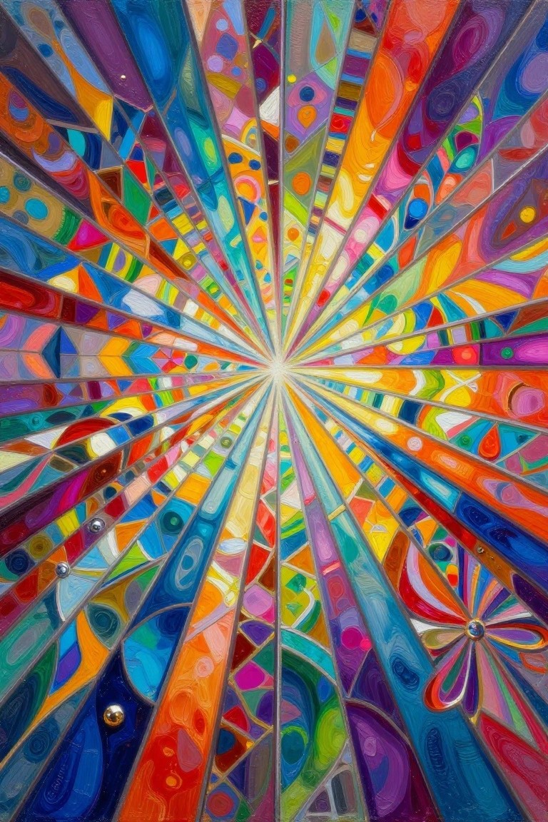 Vivid multicolored rays burst outward in dynamic abstract radial painting