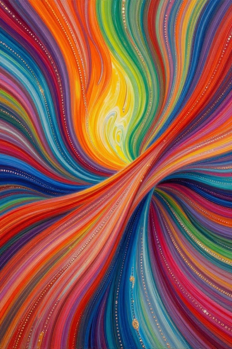 Vibrant abstract painting of swirling rainbow colors radiating from a glowing yellow center.