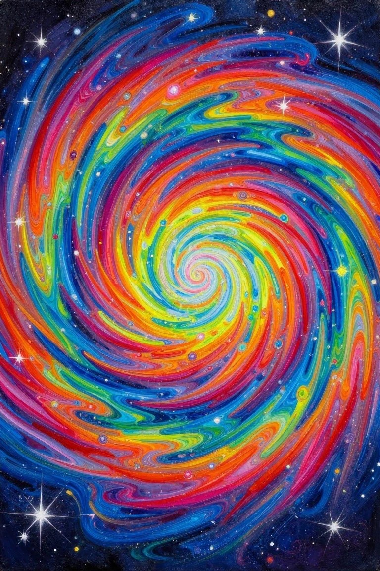 Vibrant rainbow spiral vortex swirling in space with twinkling stars and dots