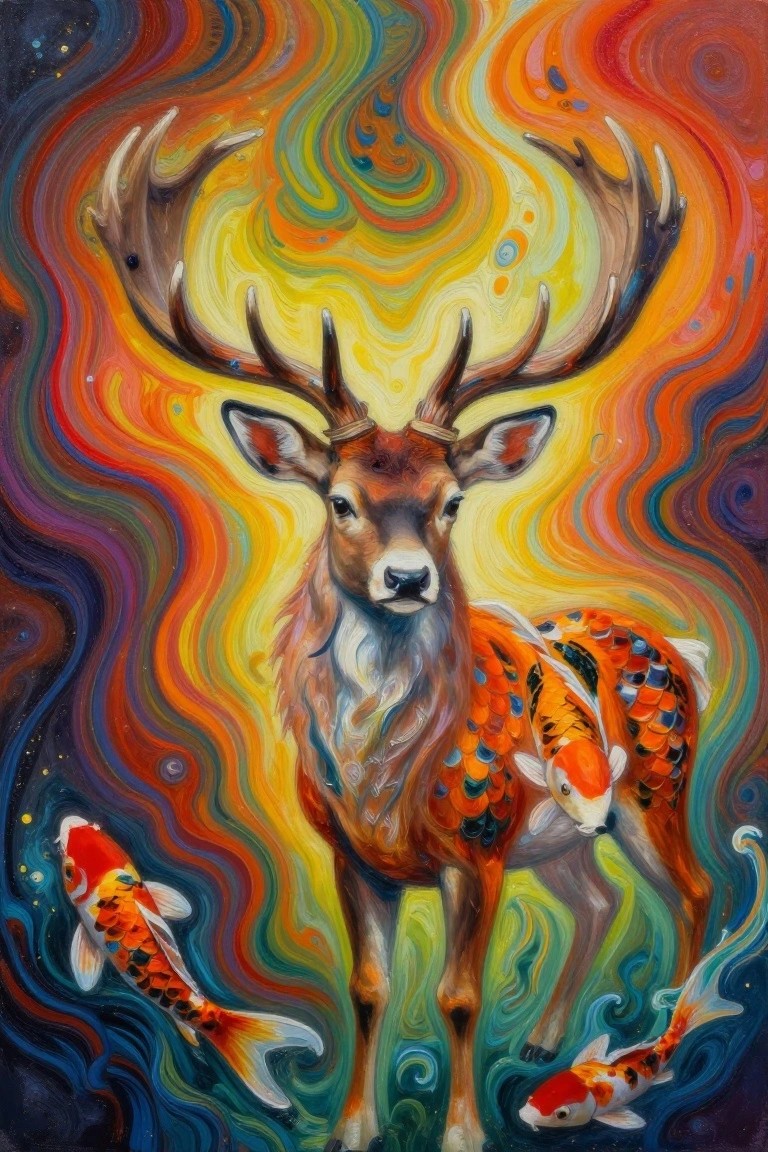 Surreal stag with koi-scale body amid vibrant swirling colors and fish