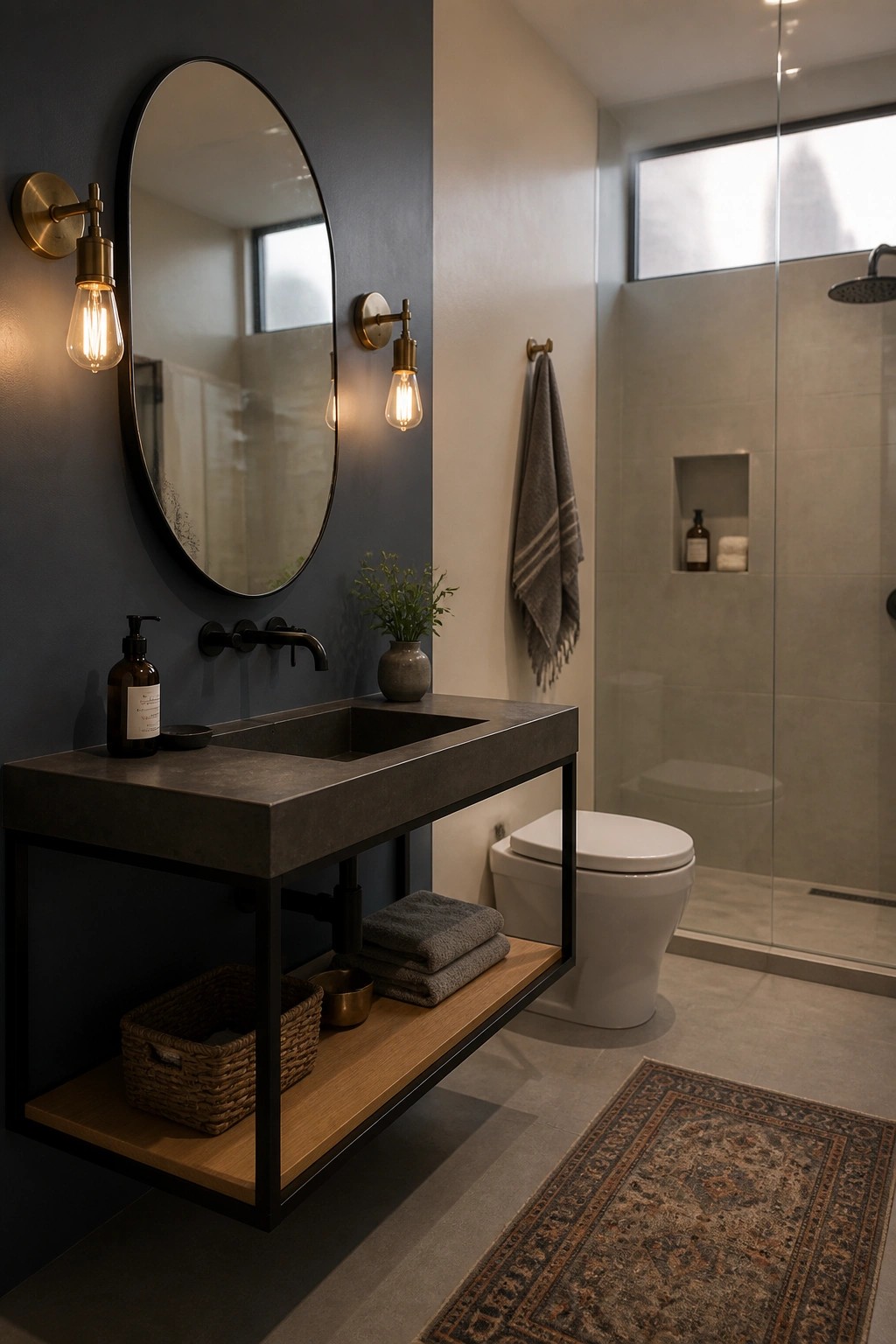 A small bathroom with deep blue gray walls behind a floating concrete vanity.
