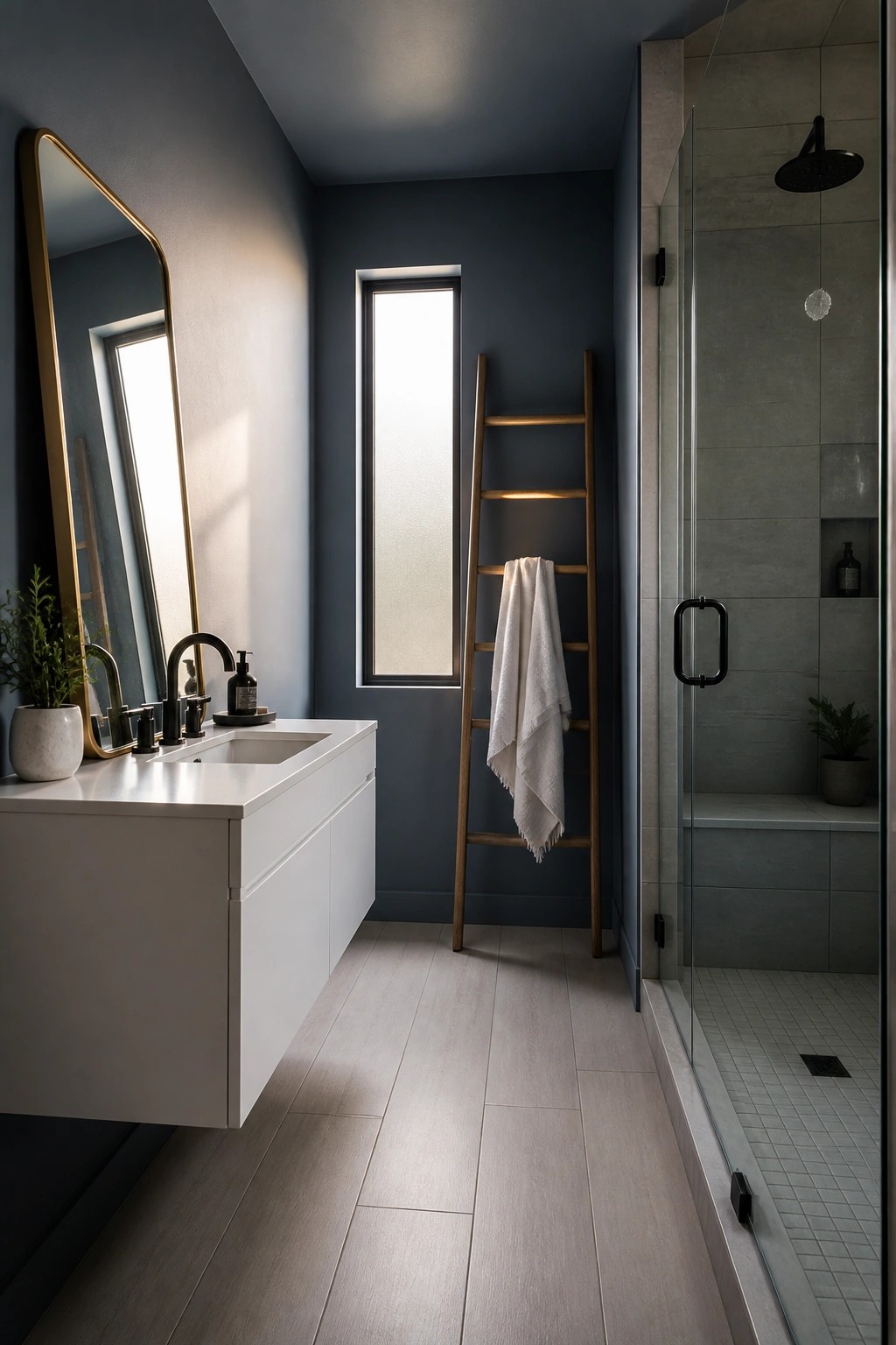 A small bathroom with deep navy walls, a white floating vanity, and a wood towel ladder.