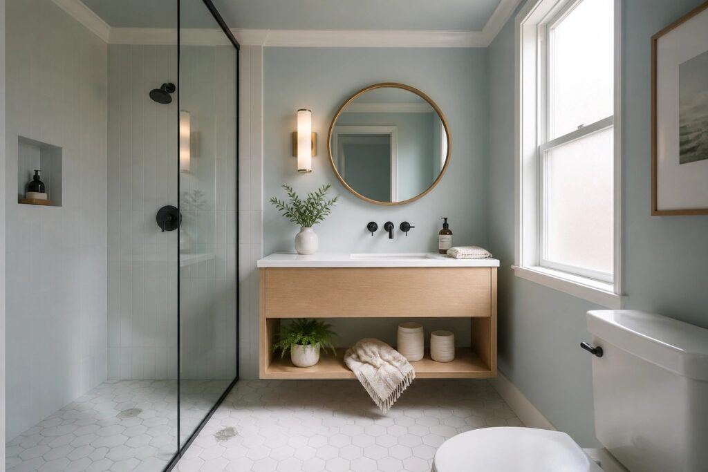 A small bathroom with soft blue green walls above white wainscoting.
