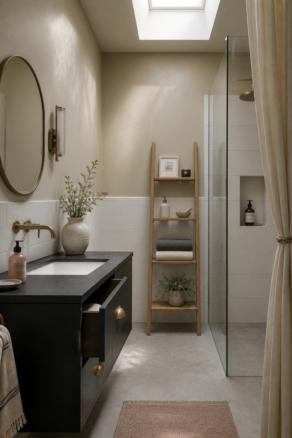 A small bathroom with warm greige walls above white tile wainscoting.