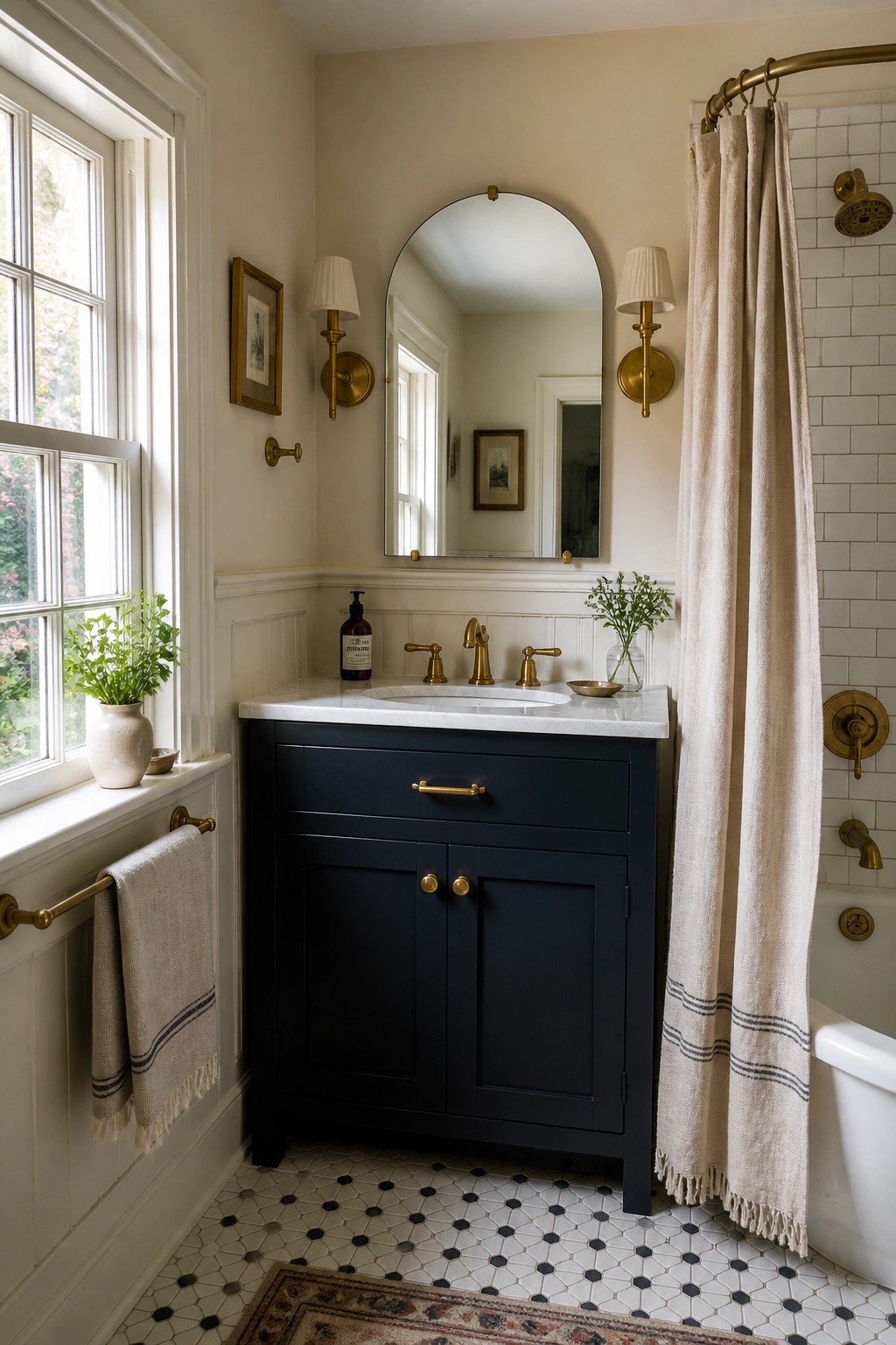 A small bathroom featuring a deep navy painted vanity cabinet against light walls.