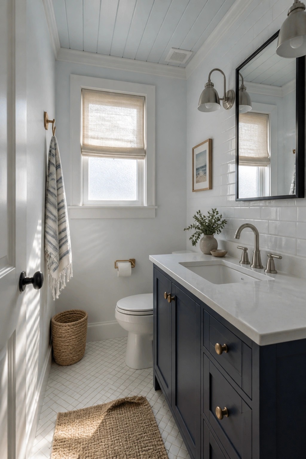 Navy blue bathroom vanity with white countertop, toilet, window, and light blue walls.