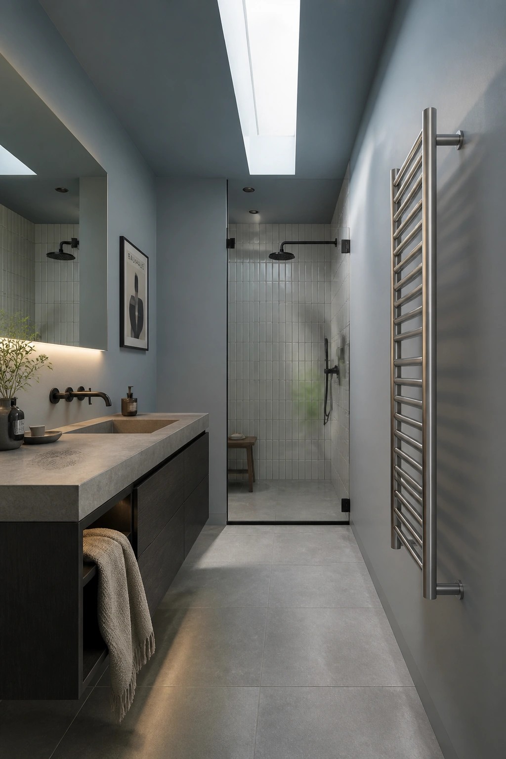 Light blue gray walls in a modern bathroom with a concrete vanity and open shower.