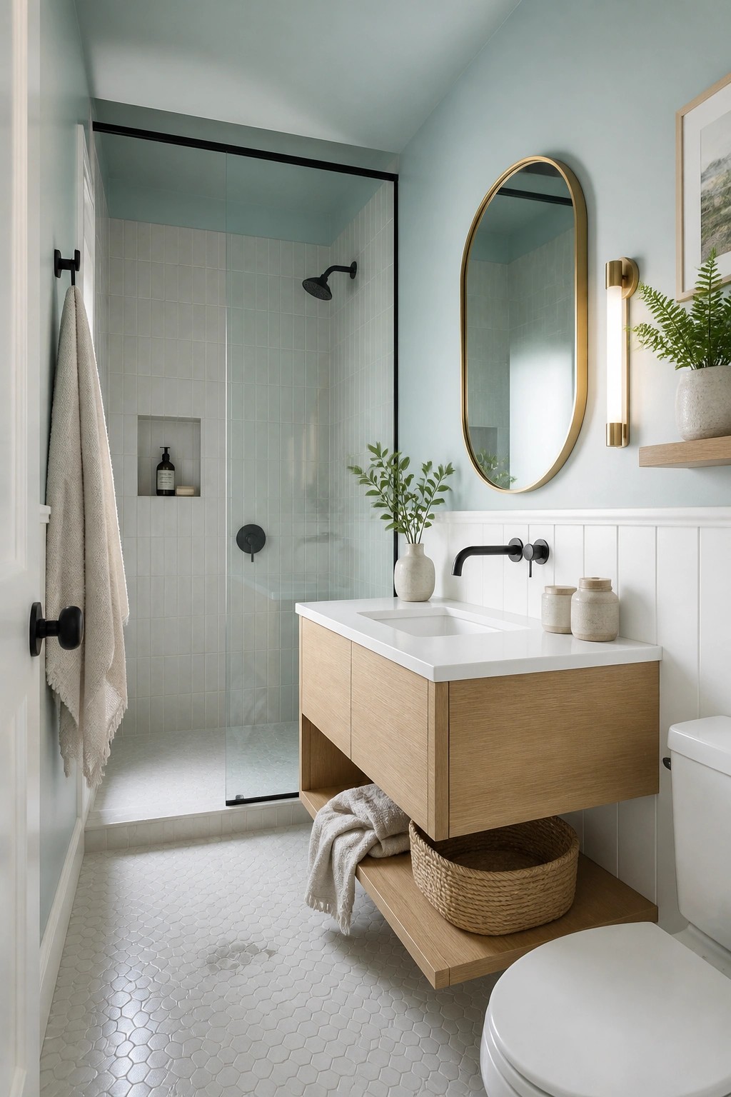 A small bathroom with soft blue green walls above white wainscoting.