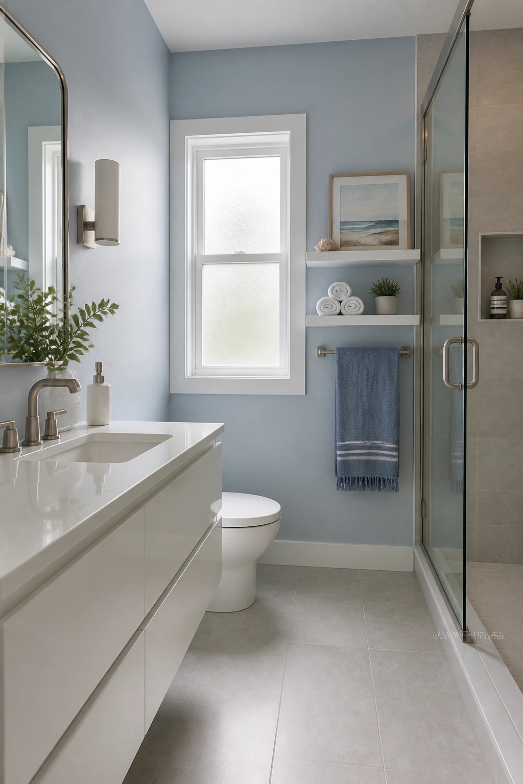 A small bathroom with soft blue walls, white vanity, and a frosted window.