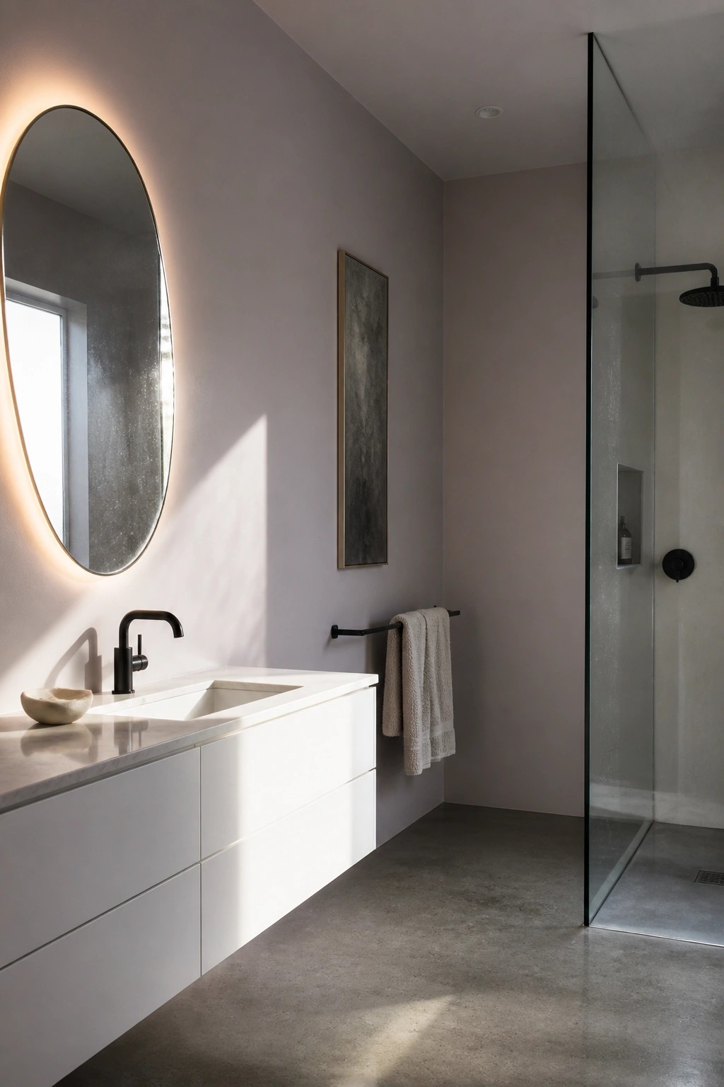 A small bathroom with soft greige walls, a white vanity, and black fixtures.