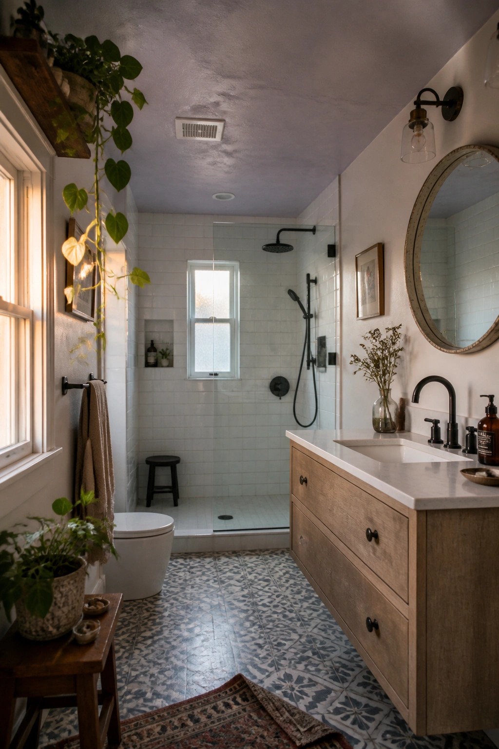 A small bathroom featuring a soft lavender gray ceiling above white tiled walls.
