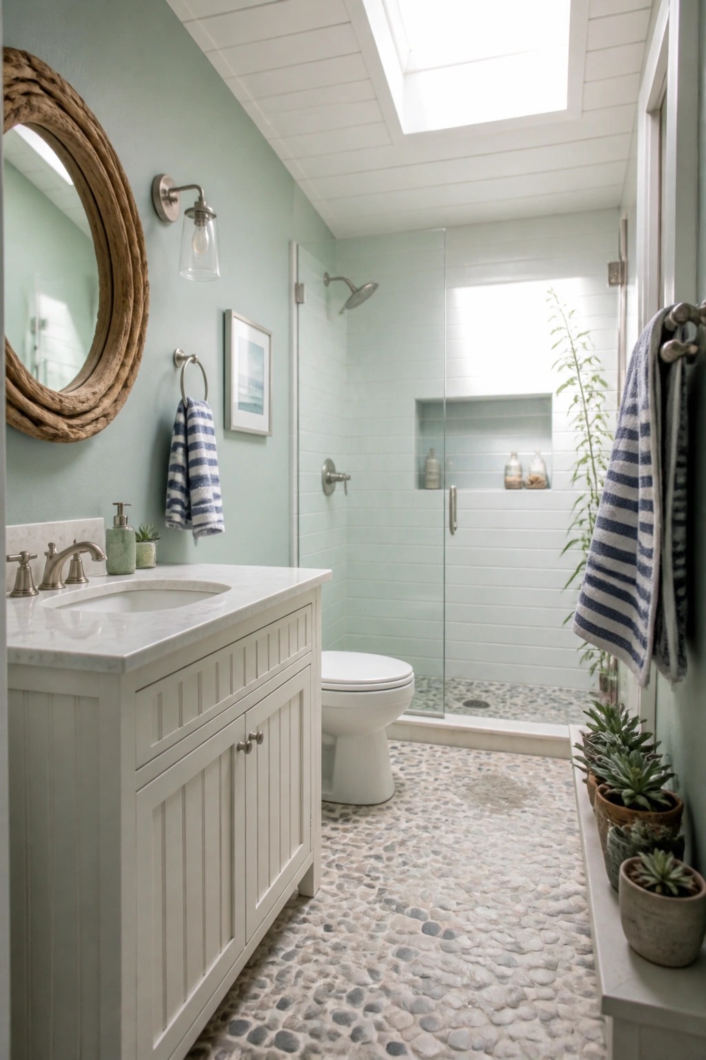 A small bathroom painted in soft mint green with white fixtures and a pebble floor.