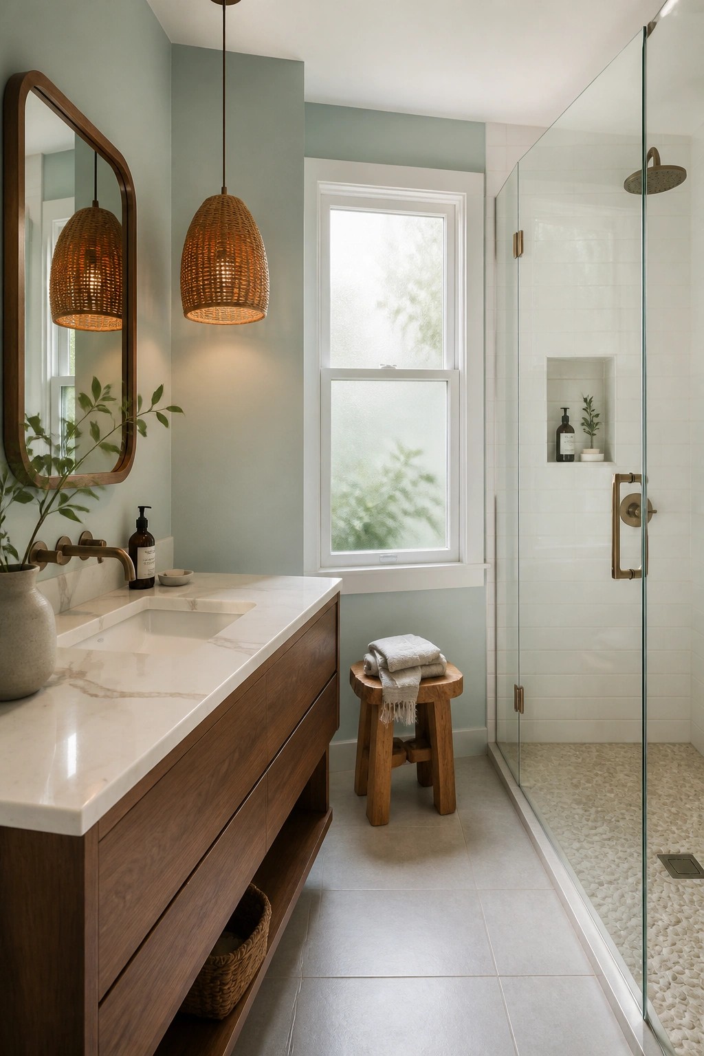 A small bathroom painted in soft sage green with white trim and a wood vanity.