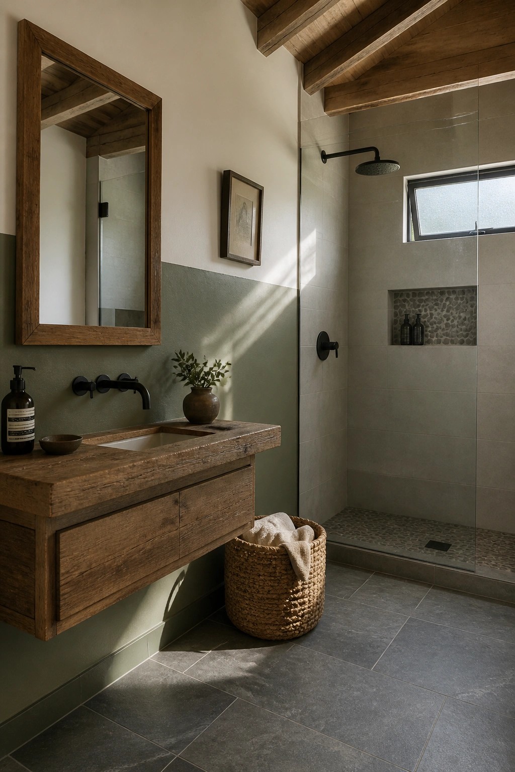 A muted sage green painted on the walls of a small bathroom with a wood vanity.