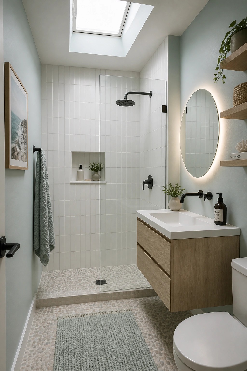 Light sage green walls in a small modern bathroom with white tile and wood vanity.