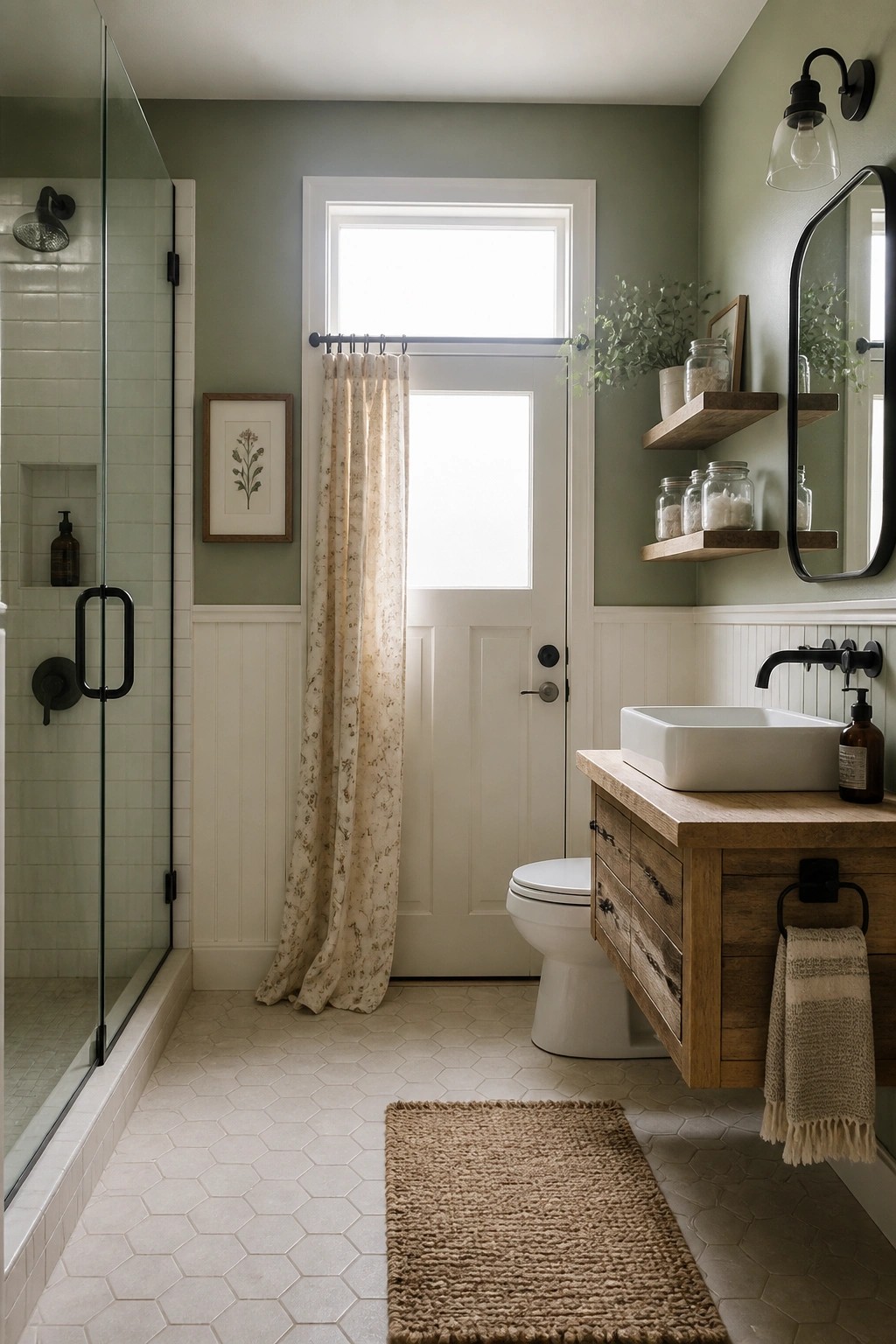 Small bathroom with soft sage green walls and white wainscoting.