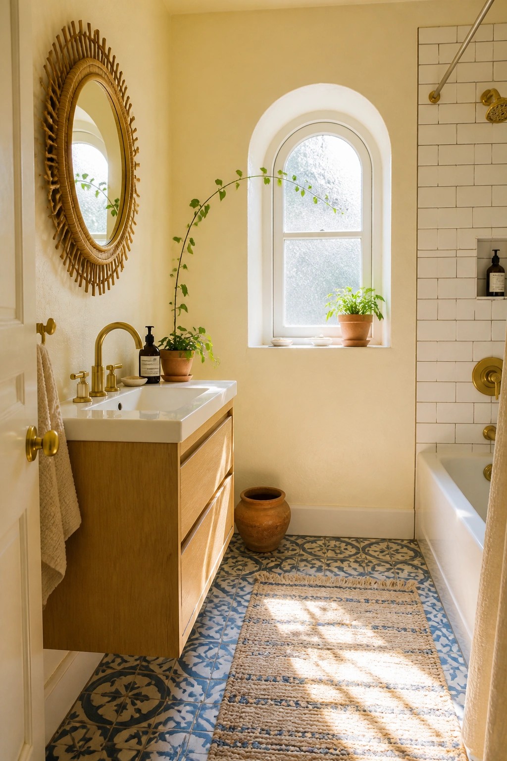 A small bathroom painted in pale butter yellow with white trim and wood cabinetry.