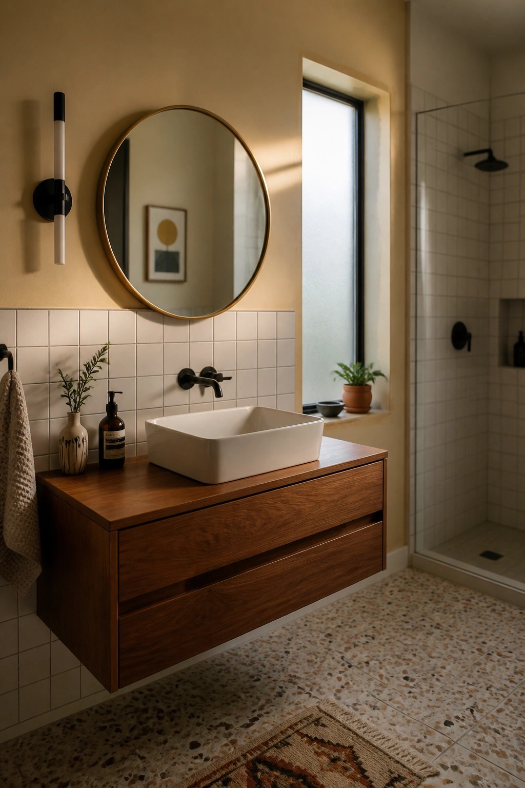 Warm beige walls in a small bathroom with white tile and a floating wood vanity.
