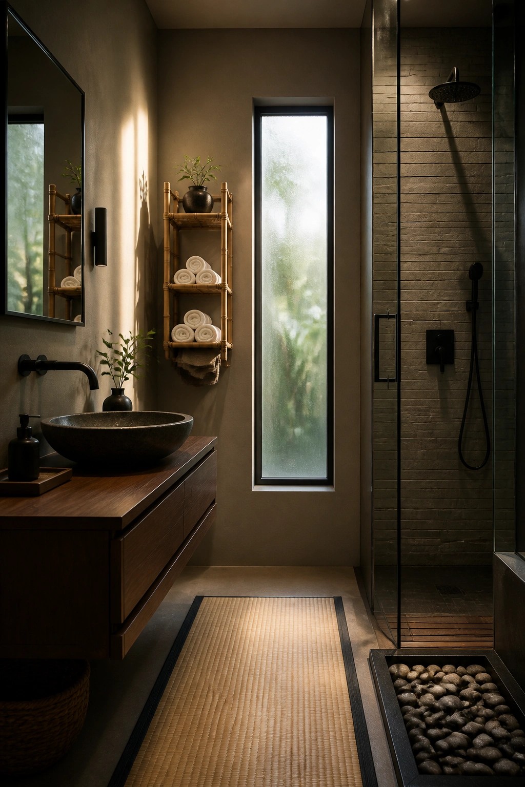 A small bathroom with warm greige walls, a floating wood vanity, and a tall narrow window.