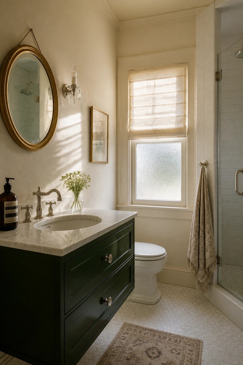 A small bathroom with warm off-white walls and a dark green vanity.