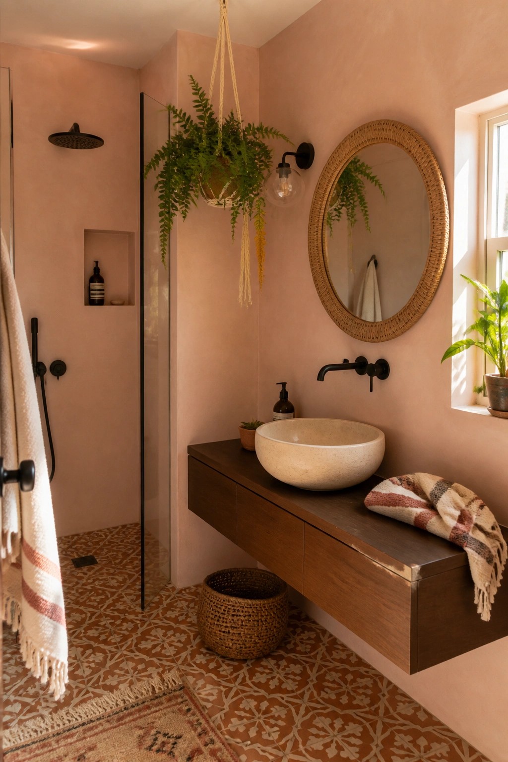 A small bathroom with warm peach walls, a floating wood vanity, and a stone sink.