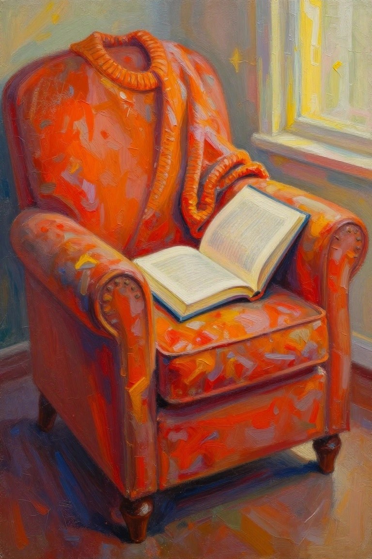 Orange armchair with draped sweater and open book in sunlit room