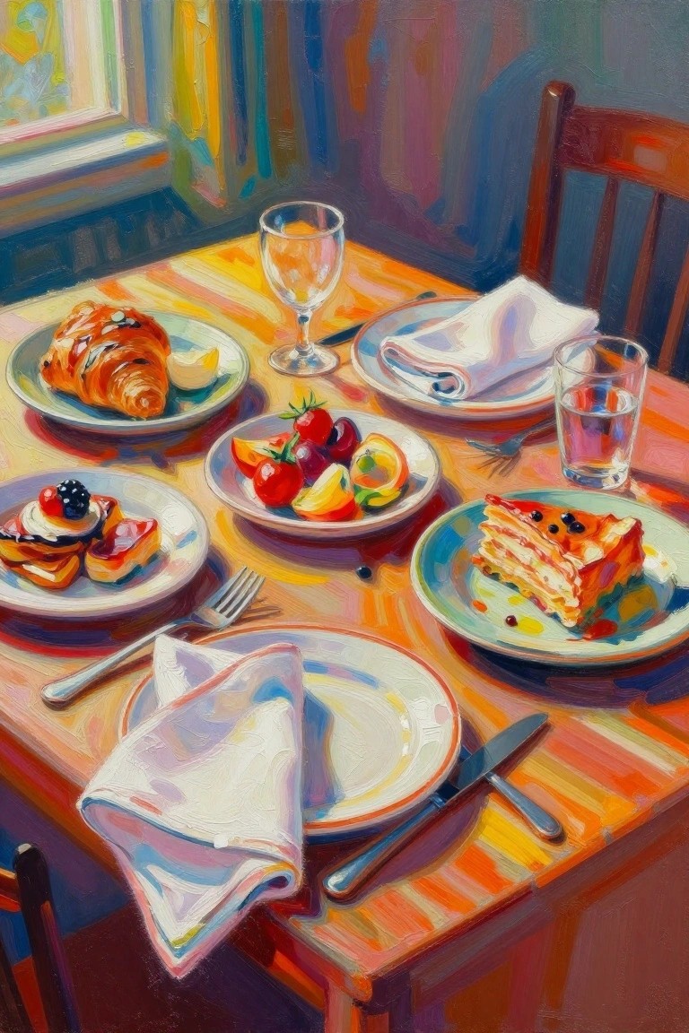 Vibrant painting of table set with pastries, cake, fruits, glasses, and napkins