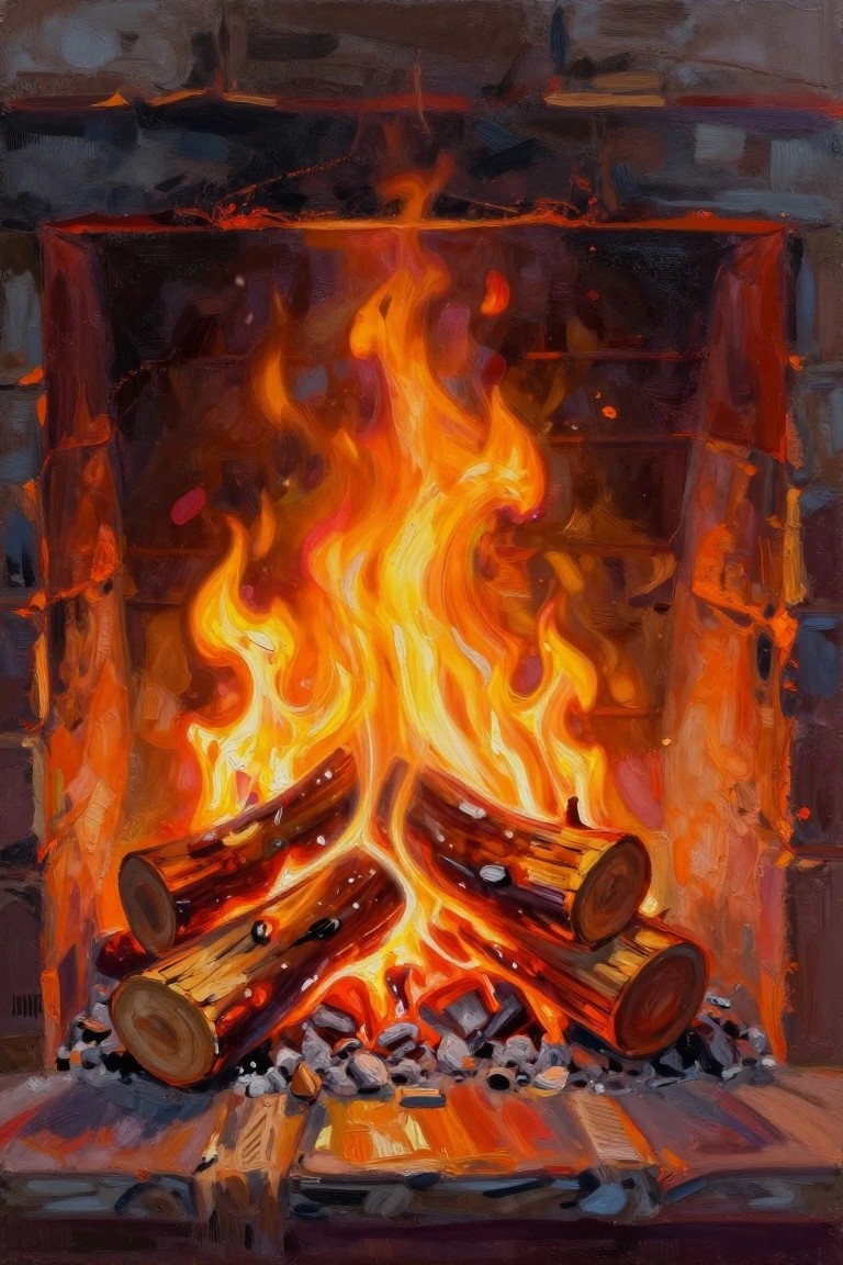 Roaring orange flames engulfing logs in a dark stone fireplace.