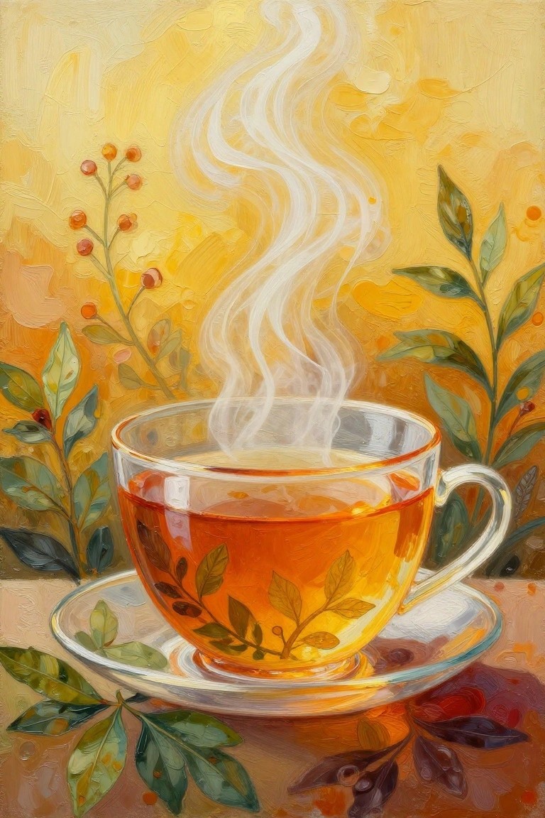 Steaming glass cup of tea amid green leaves and red berries on warm yellow background.