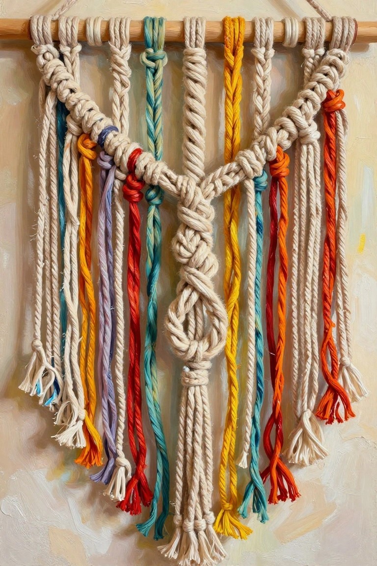 Colorful macrame wall hanging with intricate knots and rainbow tassels on wooden dowel.