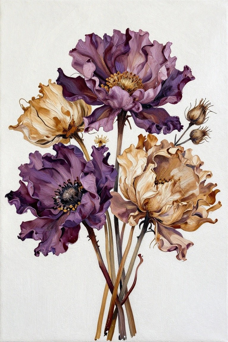 Painting of oversized purple and beige ruffled poppies with wilted blooms and stems