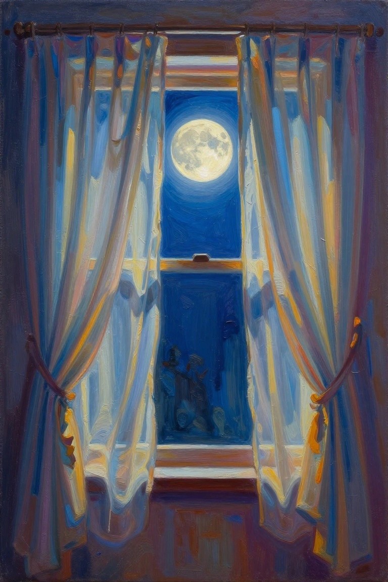 Parted blue curtains frame a glowing full moon in a dark open window