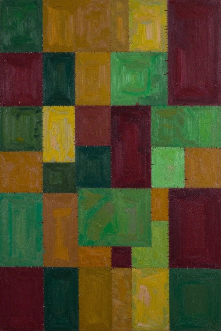 Abstract patchwork painting of colorful squares with visible brushstrokes and stitched borders.