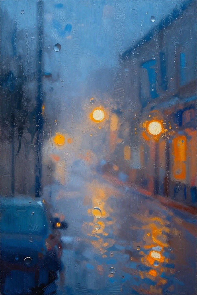 Rainy night street with glowing lamps, reflections on wet pavement, blue haze