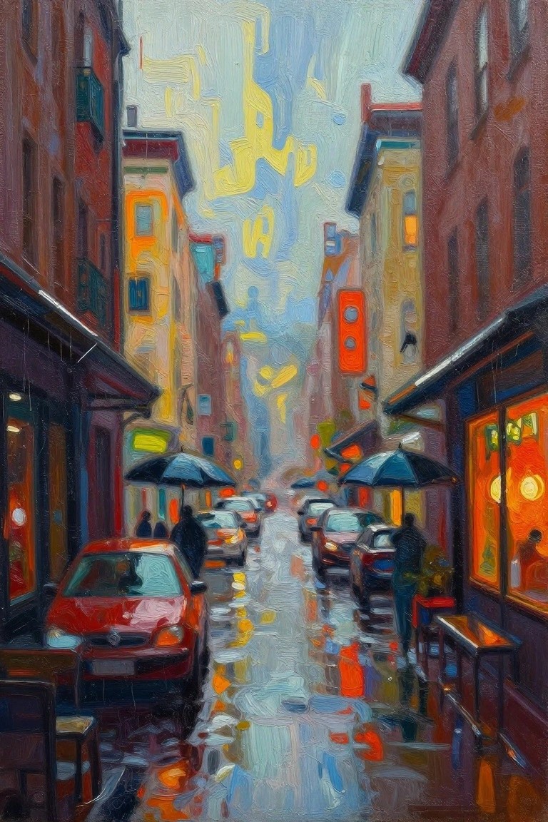 Rainy city street with colorful buildings, wet reflections, cars, umbrellas, and glowing windows.