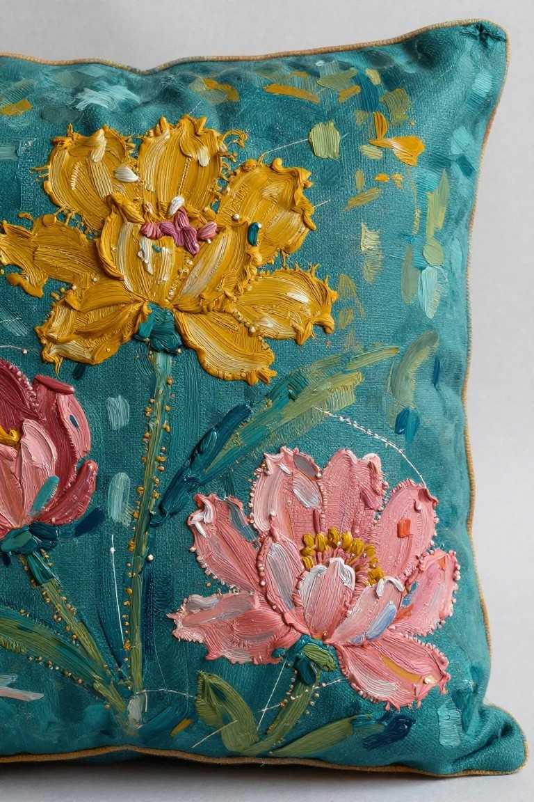Teal pillow with thick textured yellow and pink floral embroidery and beads.