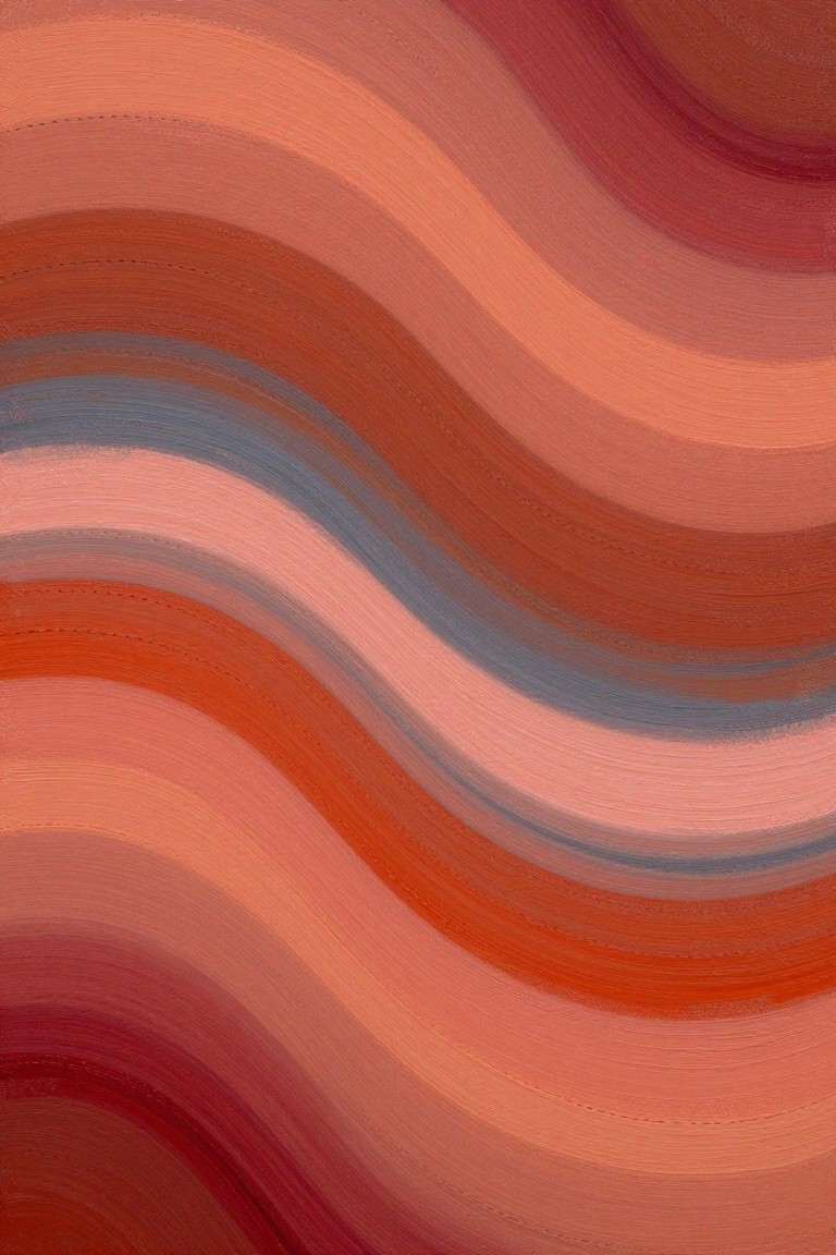 Abstract wavy stripes in warm orange, red, and pink with a blue-gray band.