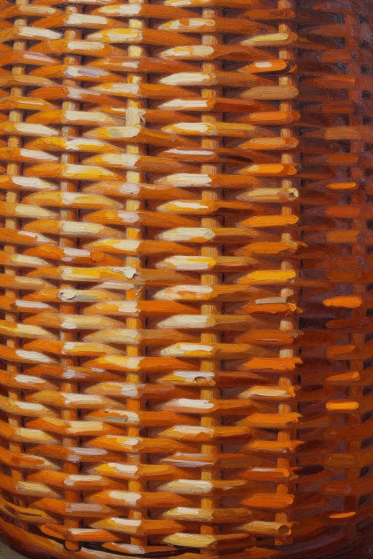 Close-up painting of a woven basket with brown and orange strips and white highlights showing the interlaced texture.