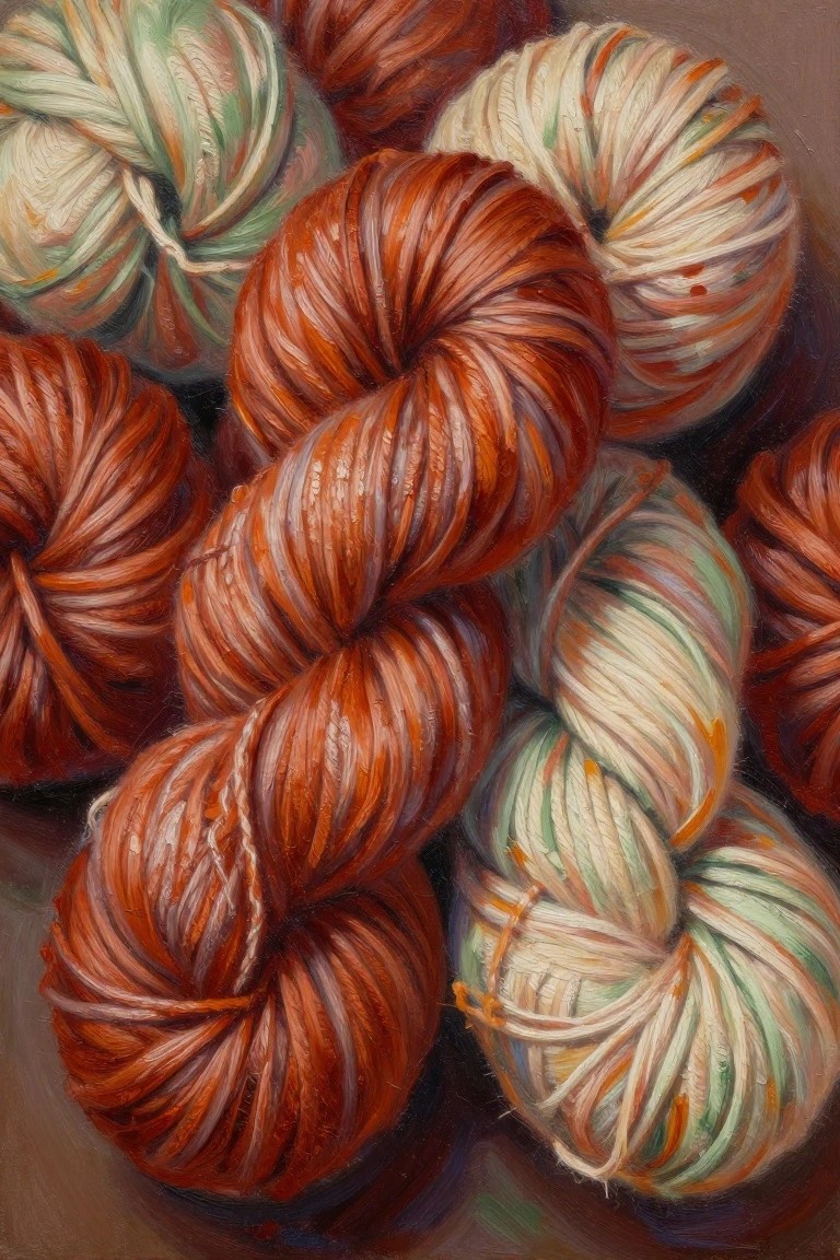 Twisted skeins of variegated yarn in warm rust, cream, and green tones