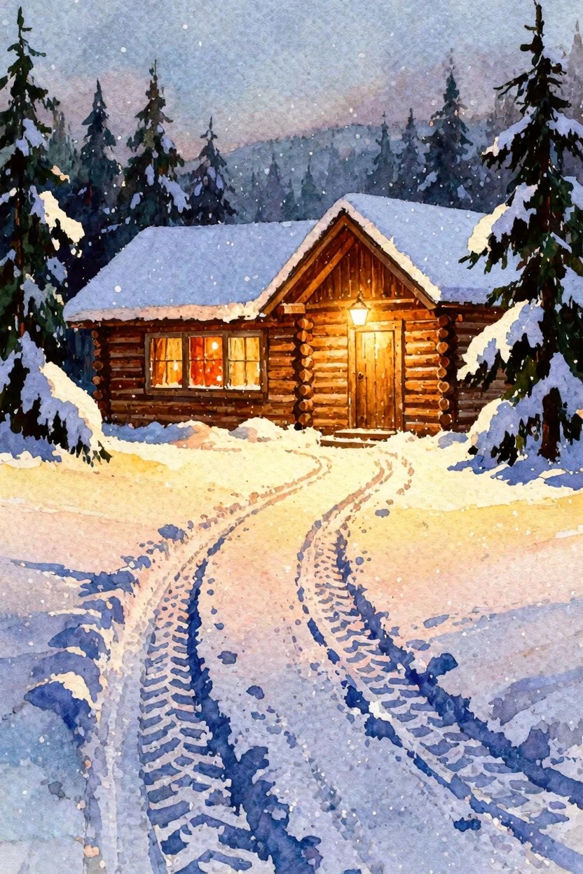 Watercolor of tire tracks leading to glowing log cabin amid snow-covered pines at dusk.